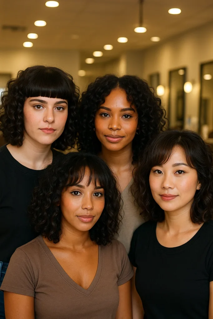 Shoulder-length curls with different bangs for various face shapes