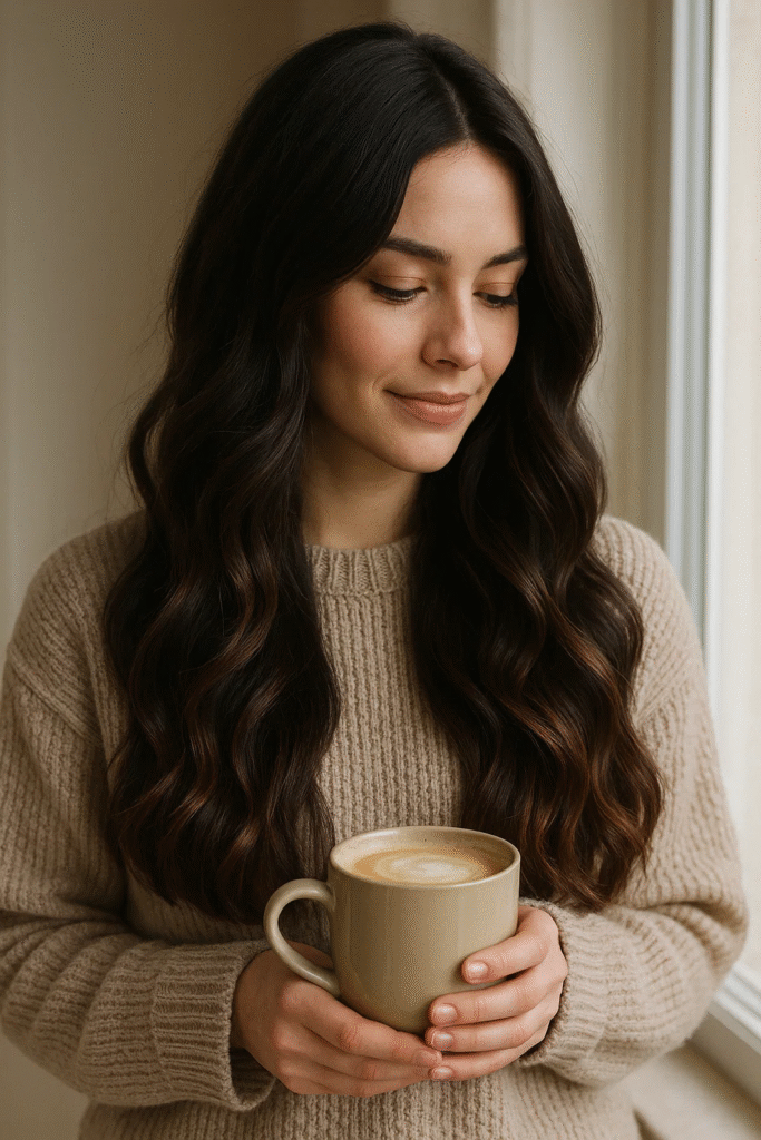 Dark chocolate balayage hairstyle in natural lighting