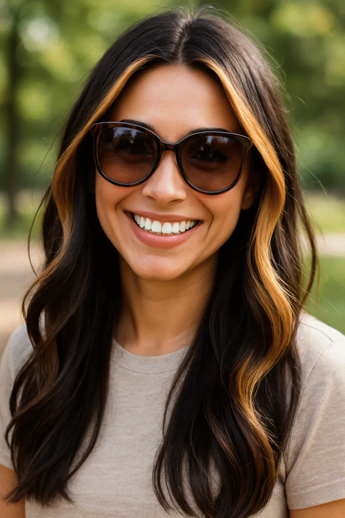 Chocolate brown hair with caramel face frame