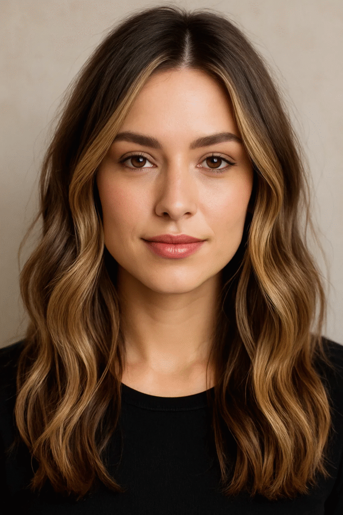 Dark chocolate brown hair with beige highlights