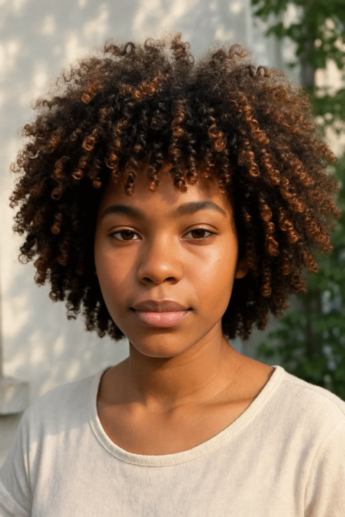 Honey brown balayage for curly natural hair