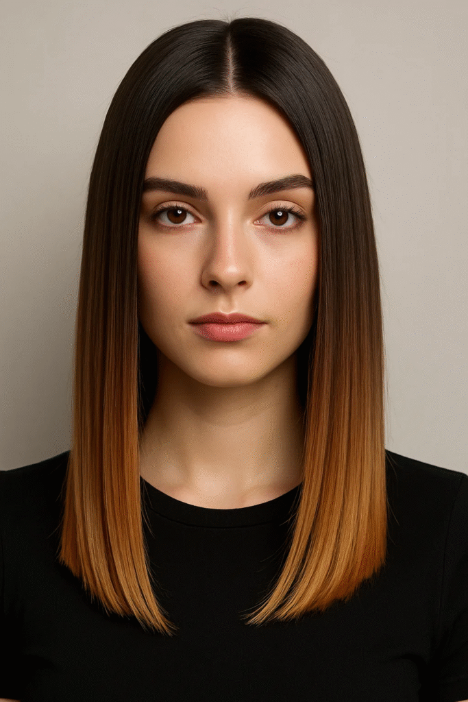 Straight brunette hair with honey brown balayage ends