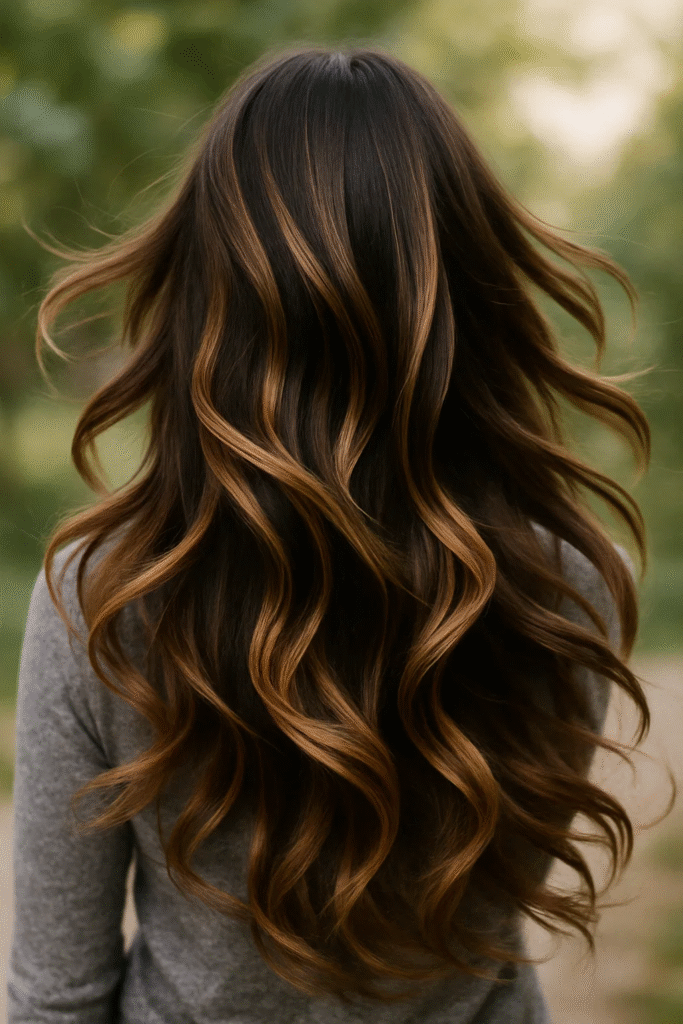 Long layered honey brown balayage hair