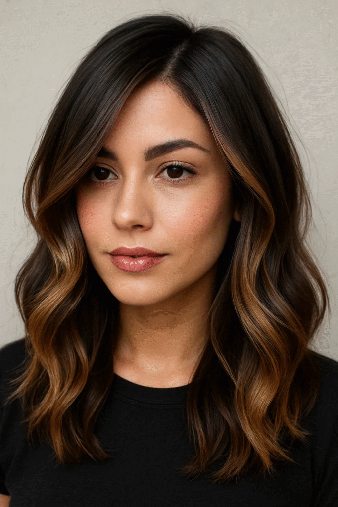 Honey brown balayage on Asian brunette hair