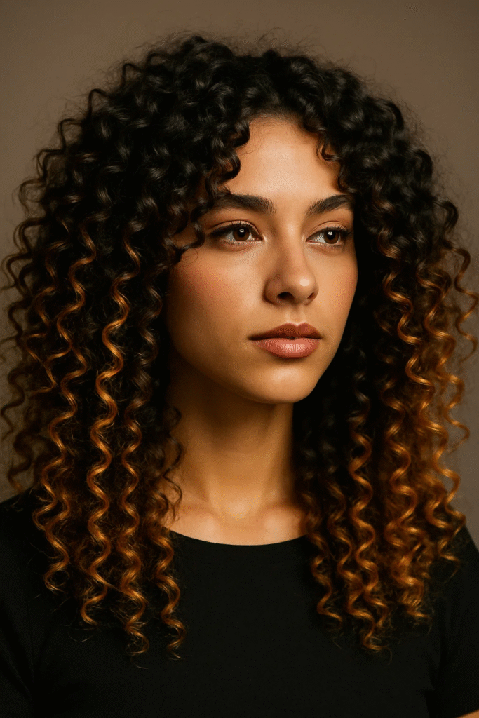 Honey-tipped curly brunette balayage hairstyle