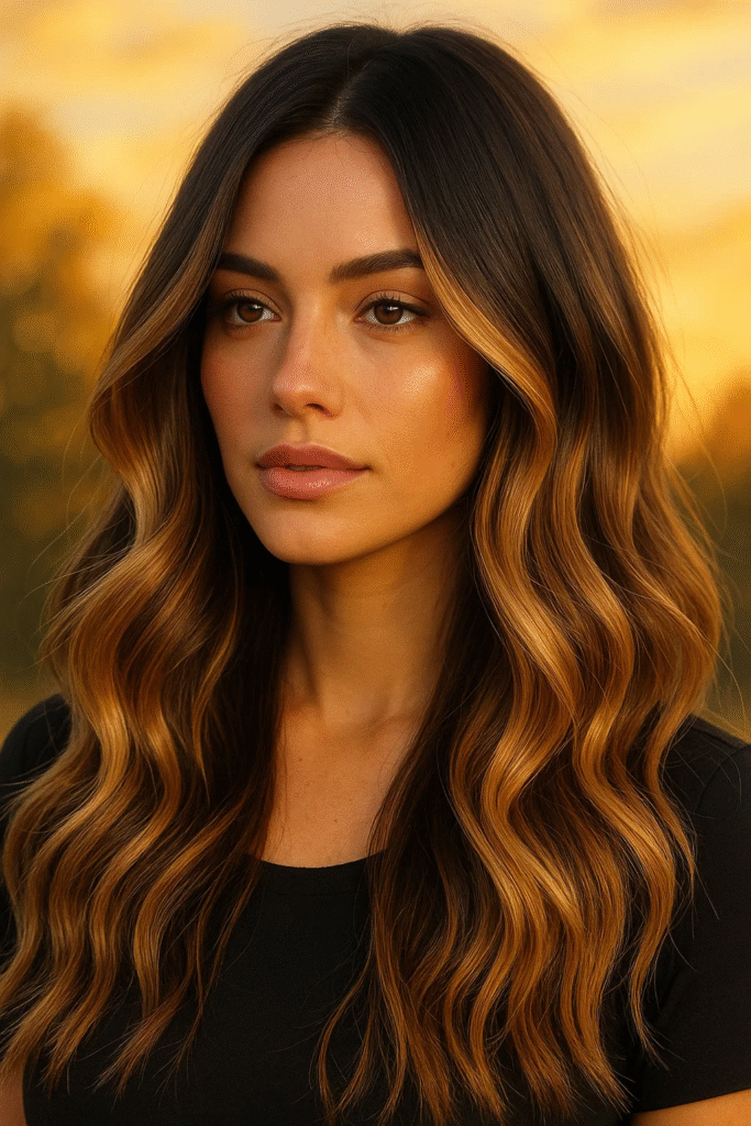 Warm caramel and honey brown balayage style