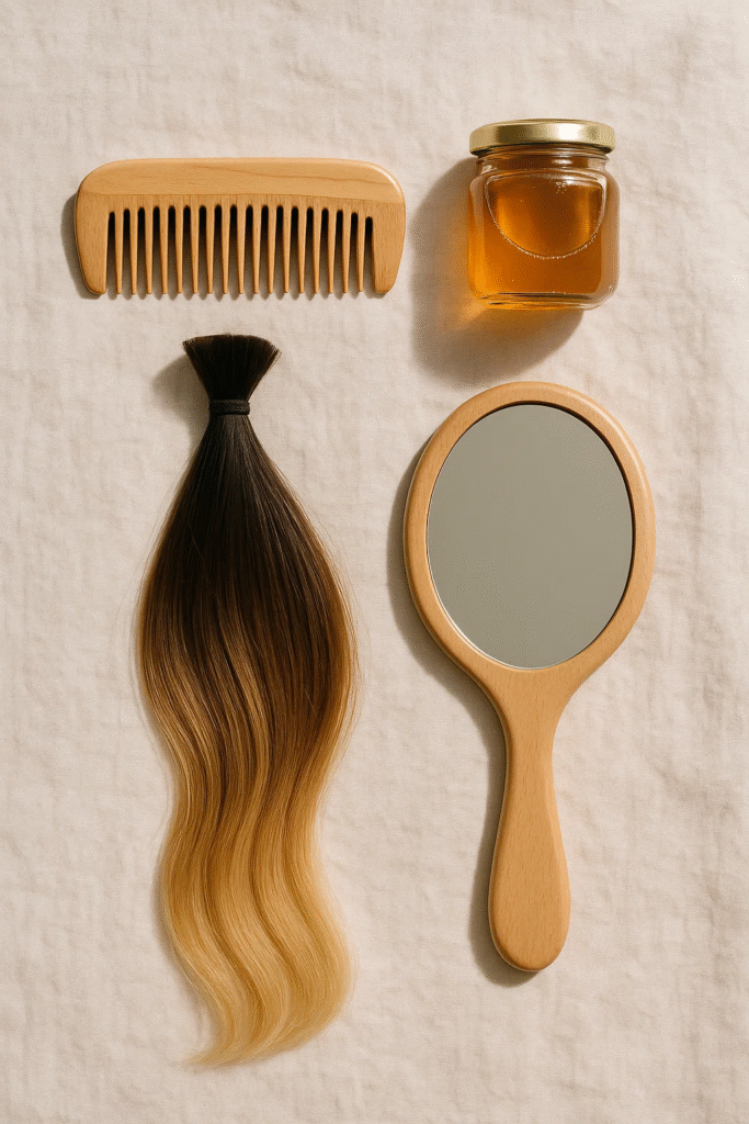 Flat lay showcasing honey brown balayage inspirations

