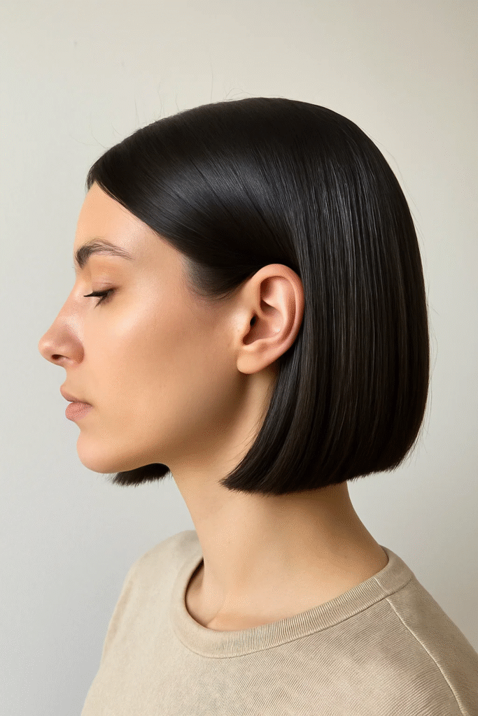 Glossy dark chocolate brown bob haircut idea