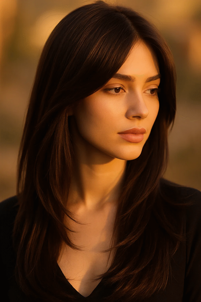 Dark chocolate brown straight layered hairstyle