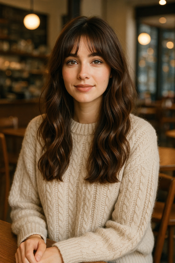 Dark chocolate brown waves with curtain bangs