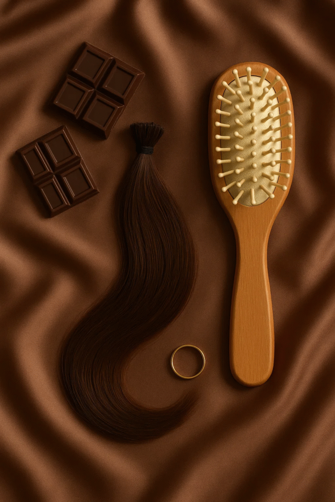 Flat lay of items representing dark chocolate brown hair ideas


