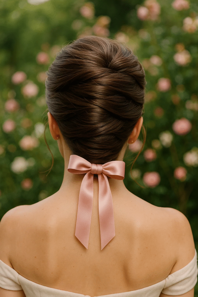Whimsical French twist with ribbon wrap for brides

