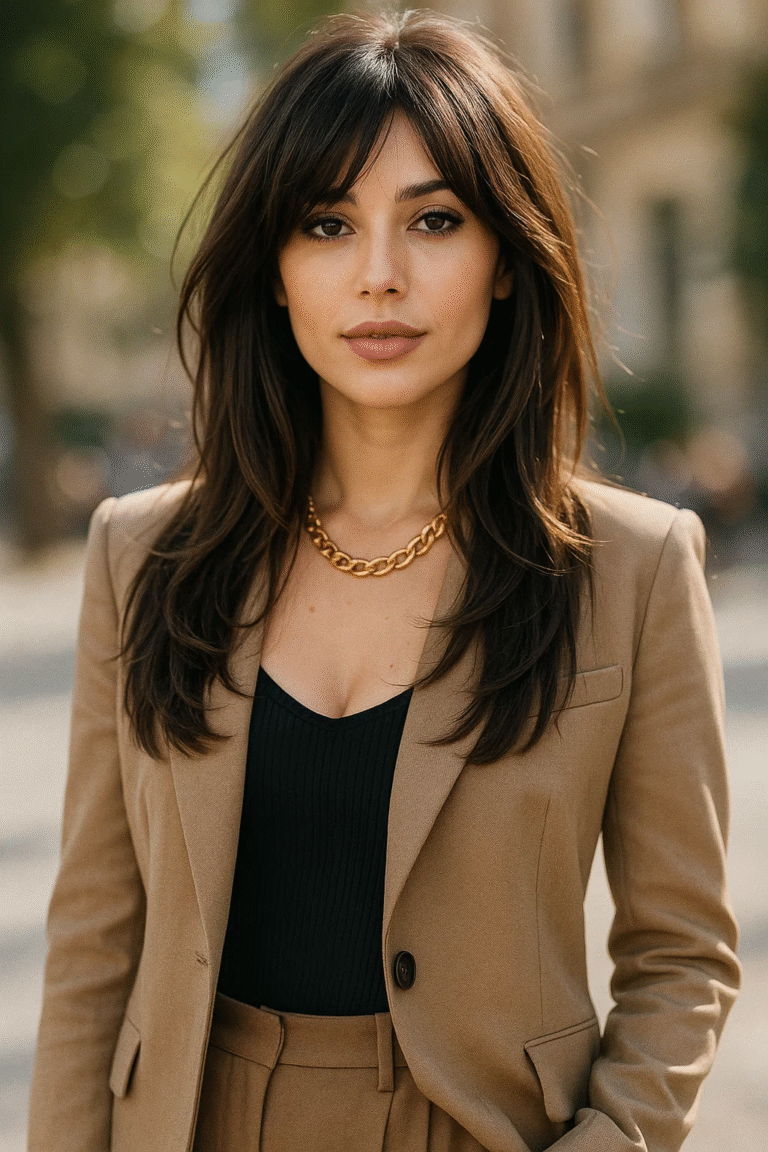 Soft long layers and wispy side bangs on brunette woman