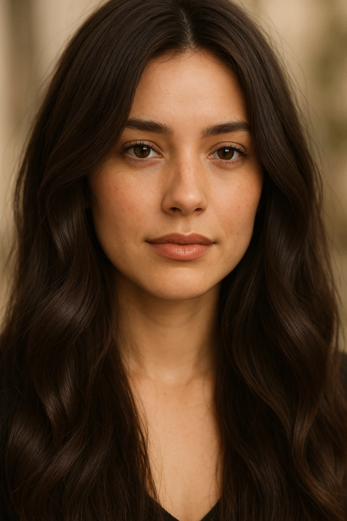 Soft brunette waves in dark chocolate brown hair with natural shine.