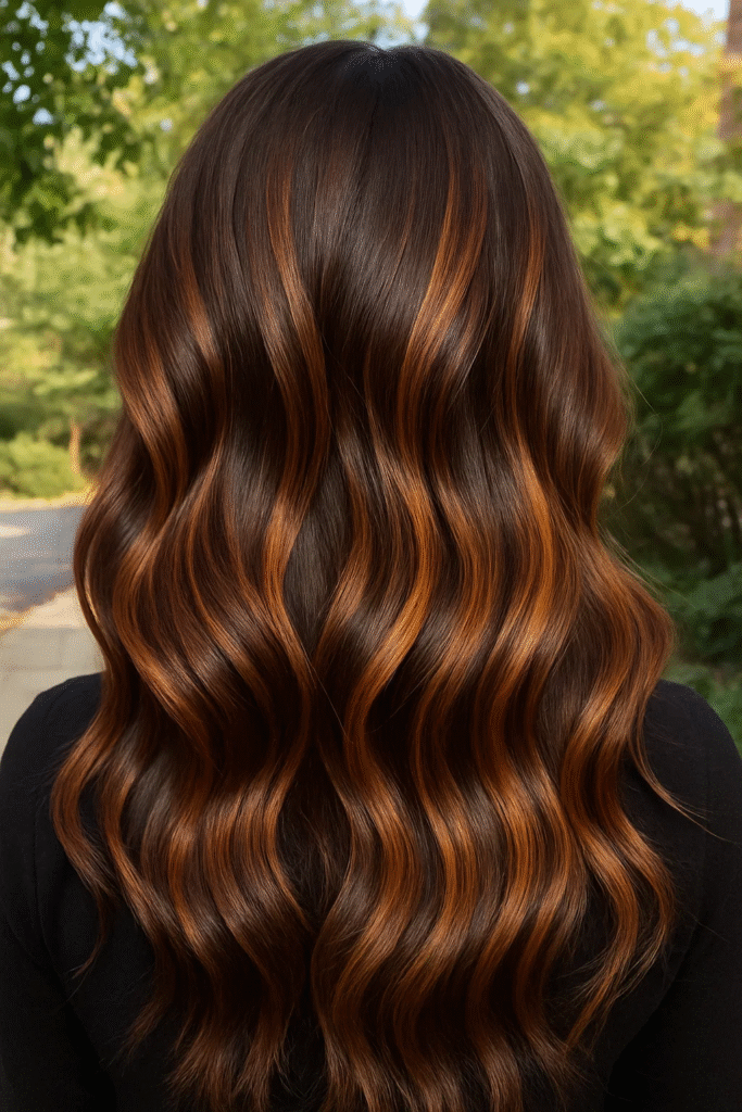 Chestnut balayage blending into dark chocolate brown hair.