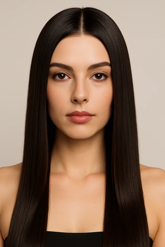 Sleek straight hair in dark chocolate brown with high-shine finish.