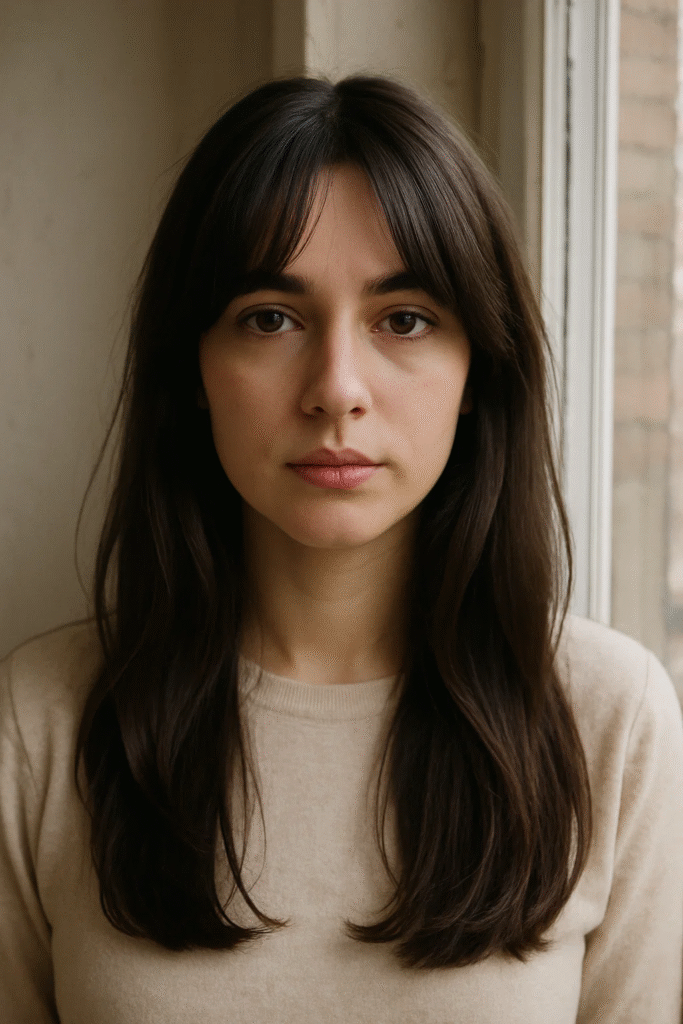 Curtain bangs on long dark chocolate brown layered hair.