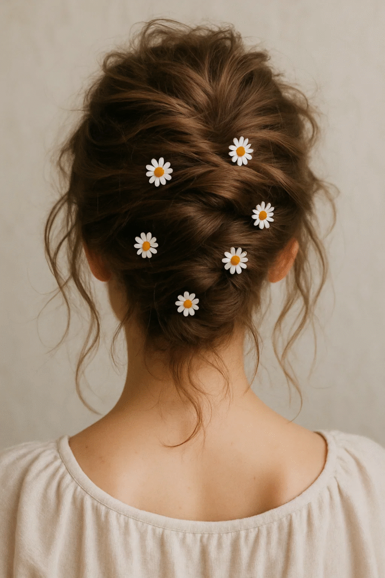 Messy French twist wedding hairstyle with baby’s breath flowers