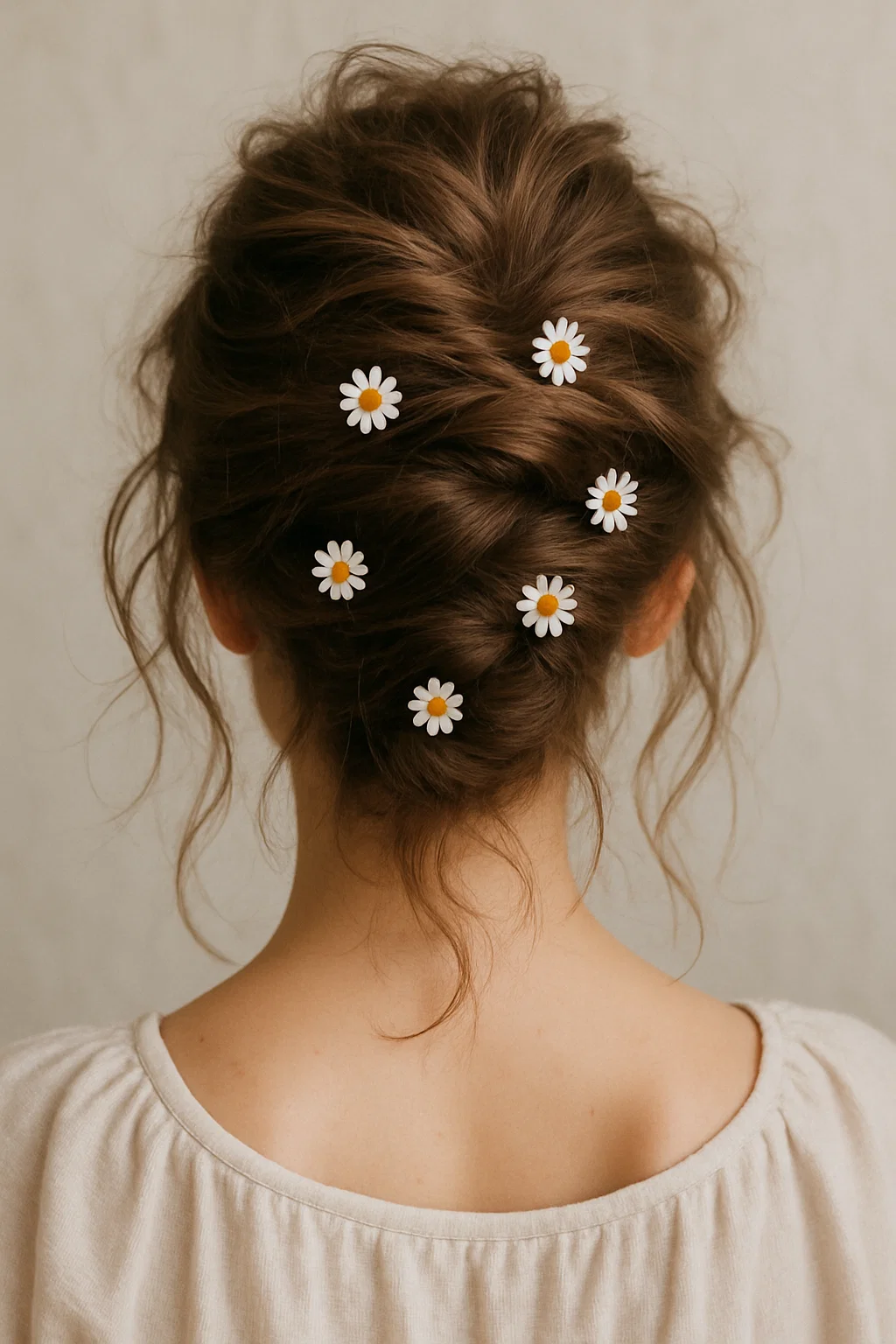 Messy French twist wedding hairstyle with baby’s breath flowers