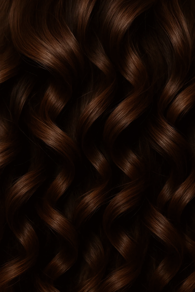 Dark chocolate brown curls with espresso lowlights.