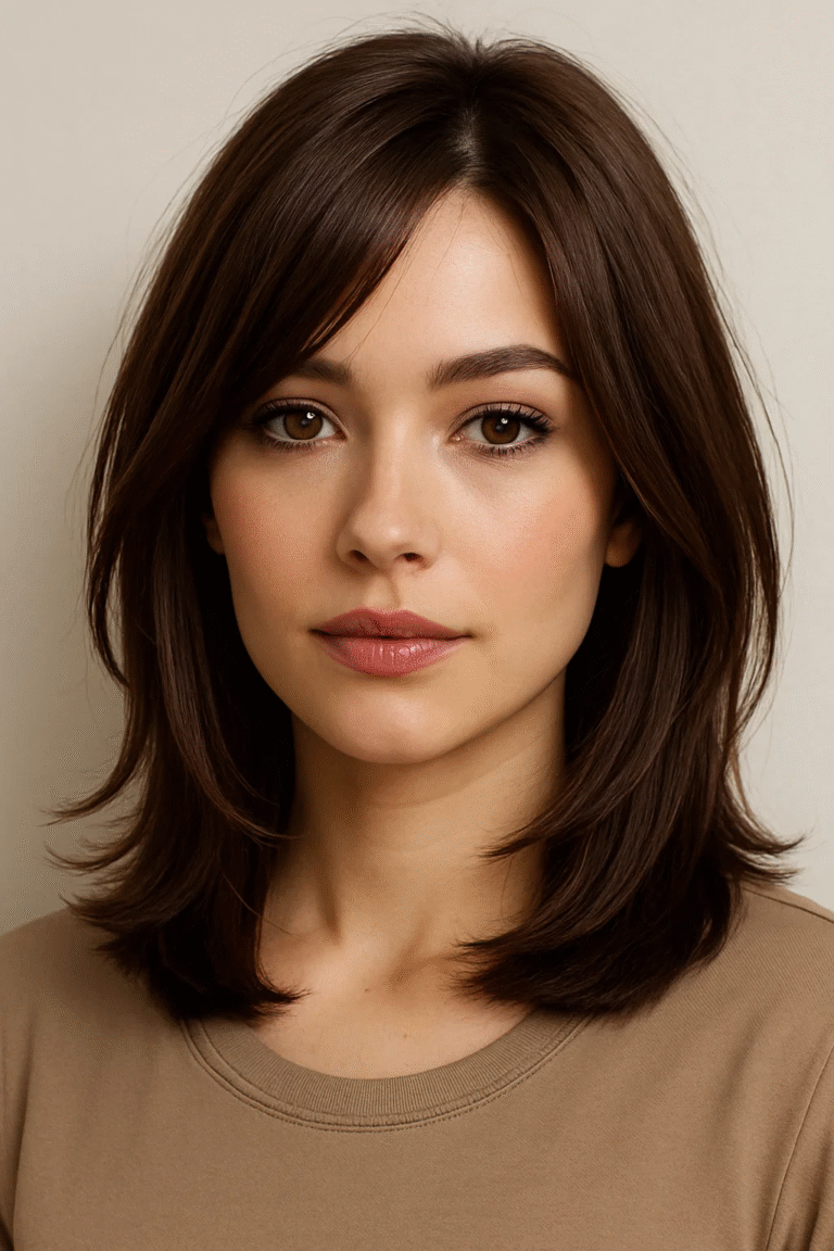 Face-framing layers on medium dark chocolate brown hair