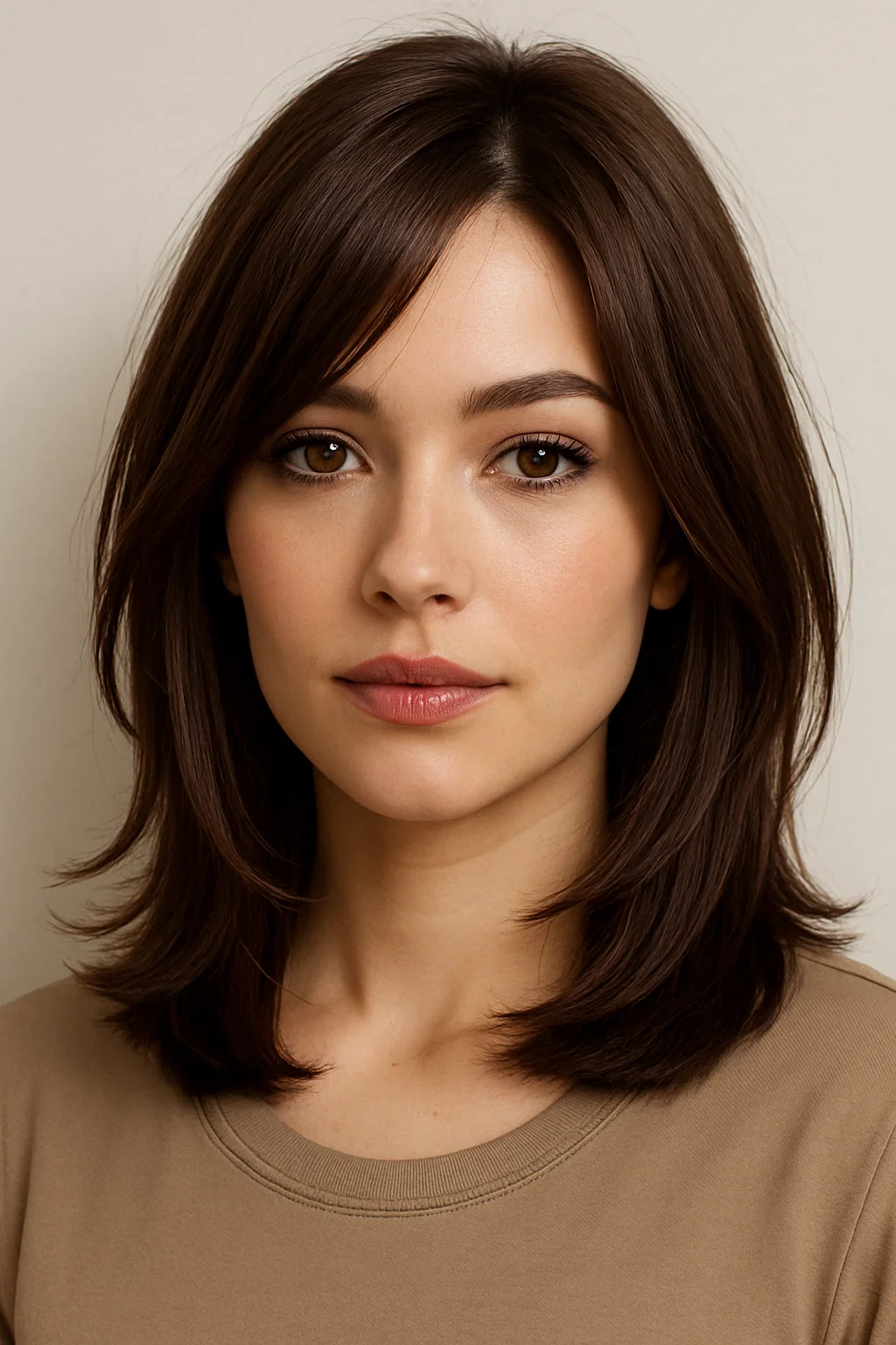 Face-framing layers on medium dark chocolate brown hair