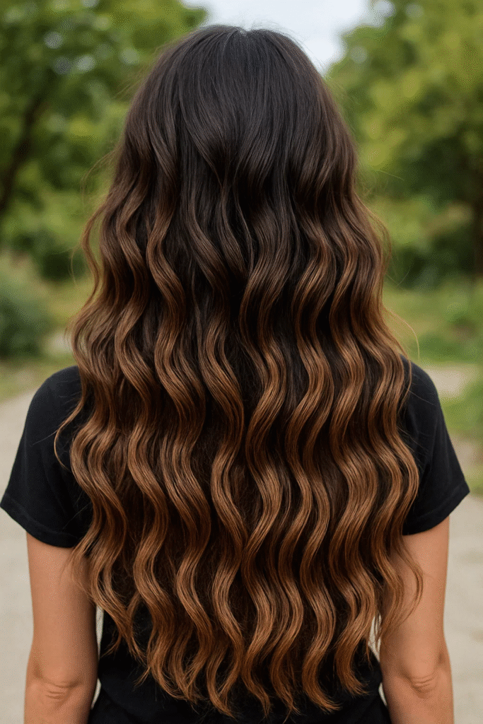 Boho waves with ombre ends on dark chocolate brown hair.