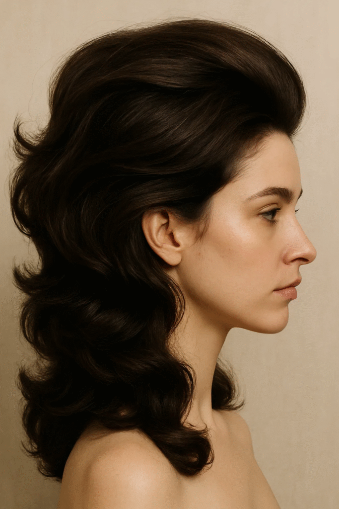 Dark chocolate brown hairstyle with voluminous side part.