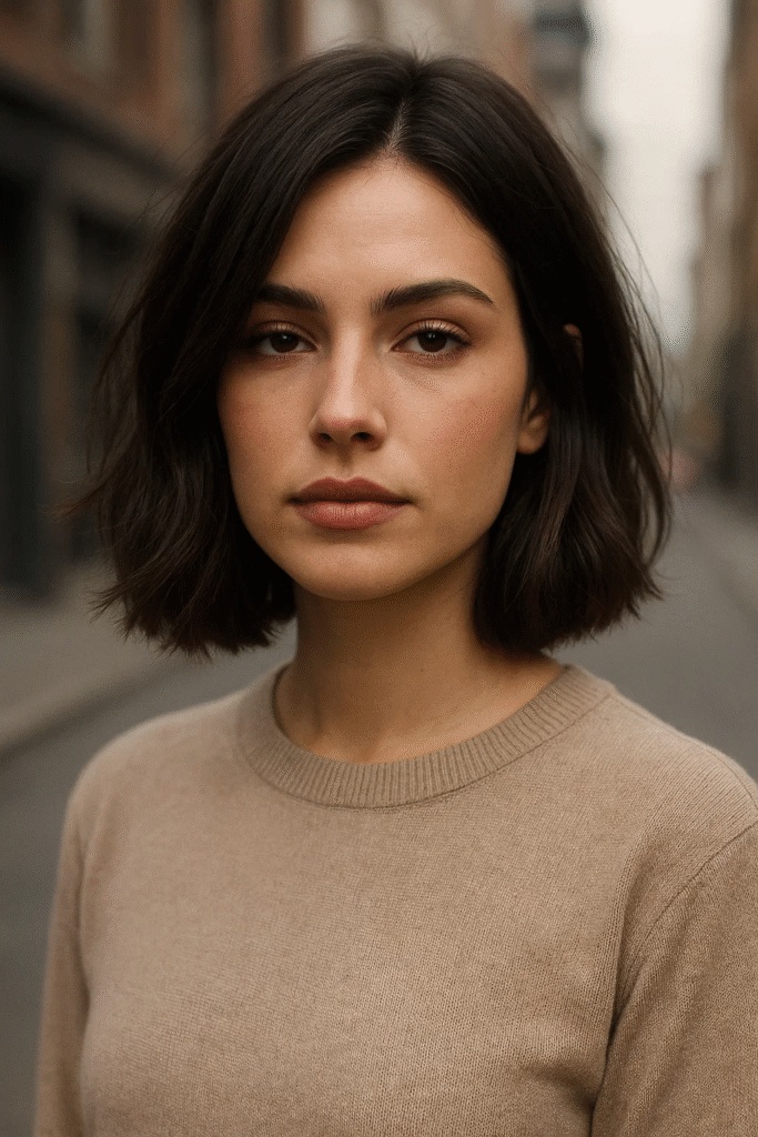 Textured dark chocolate brown lob hairstyle.