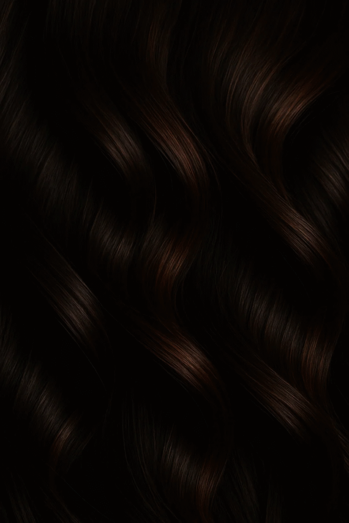 Dark chocolate brown hair with auburn gloss highlights.