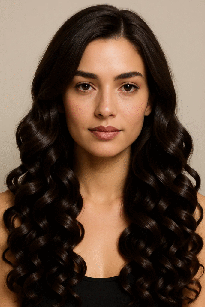 Long layered curls in shiny dark chocolate brown hair.