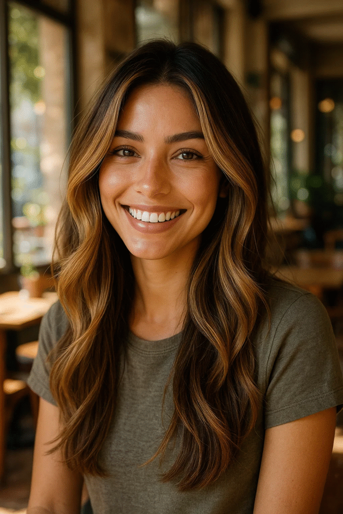 Long layered haircut with face-framing highlights in 2025