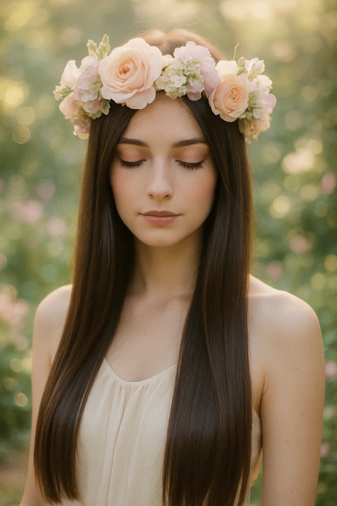 Floral crown paired with long straight hair — elegant wedding style idea

