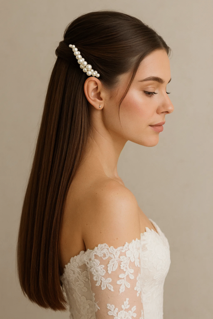 Half-up pearl clip style — one of the 9 long straight hairstyles for weddings

