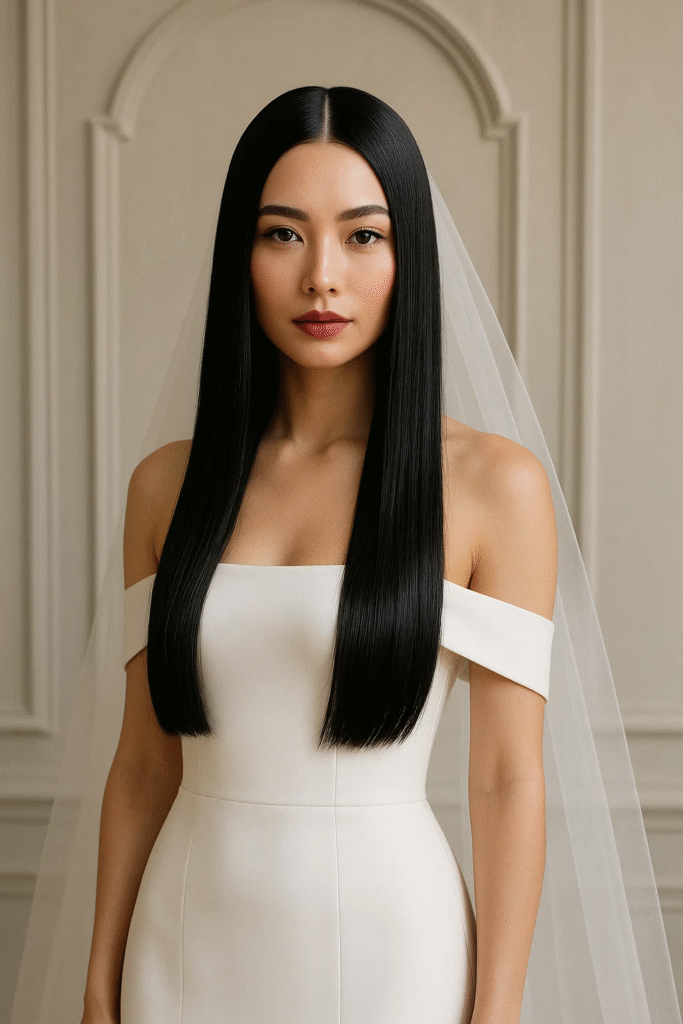 Glass hair look — sleek and striking straight hairstyle for weddings