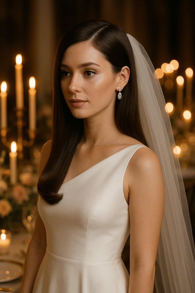 Side-swept straight hair with waves — elegant wedding hairstyle for long hair