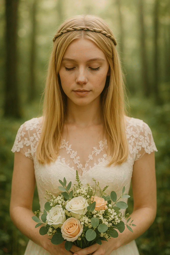 Braided crown on long straight hair — a boho look for wedding season

