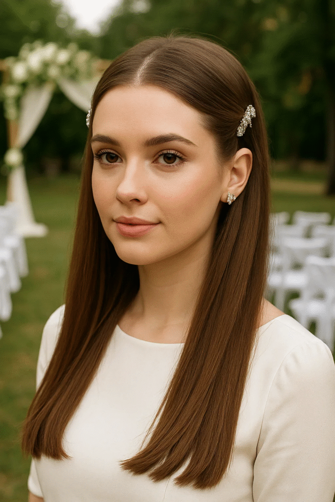 Jeweled pins in long straight hair — classy bridal hair idea