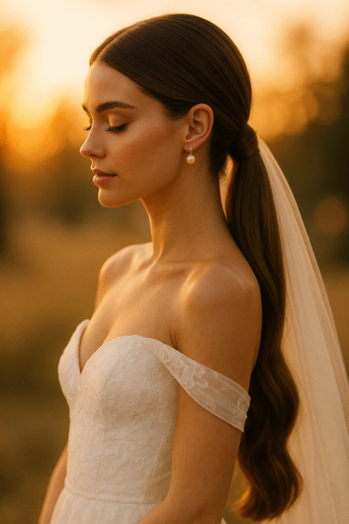 Sleek low ponytail — one of the 9 long straight hairstyles to rock at any wedding