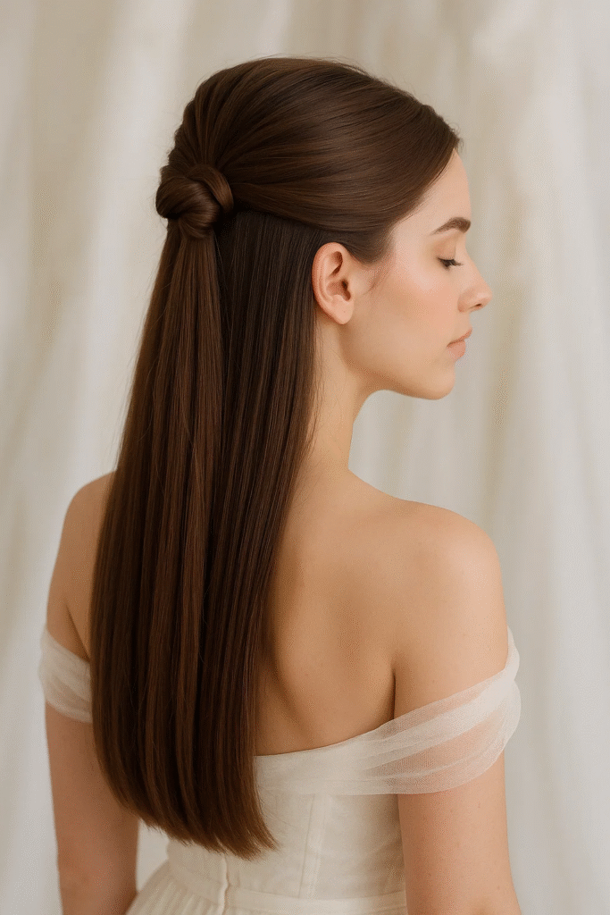 Half-up sleek knot — one of the 9 straight hair styles for modern elegance

