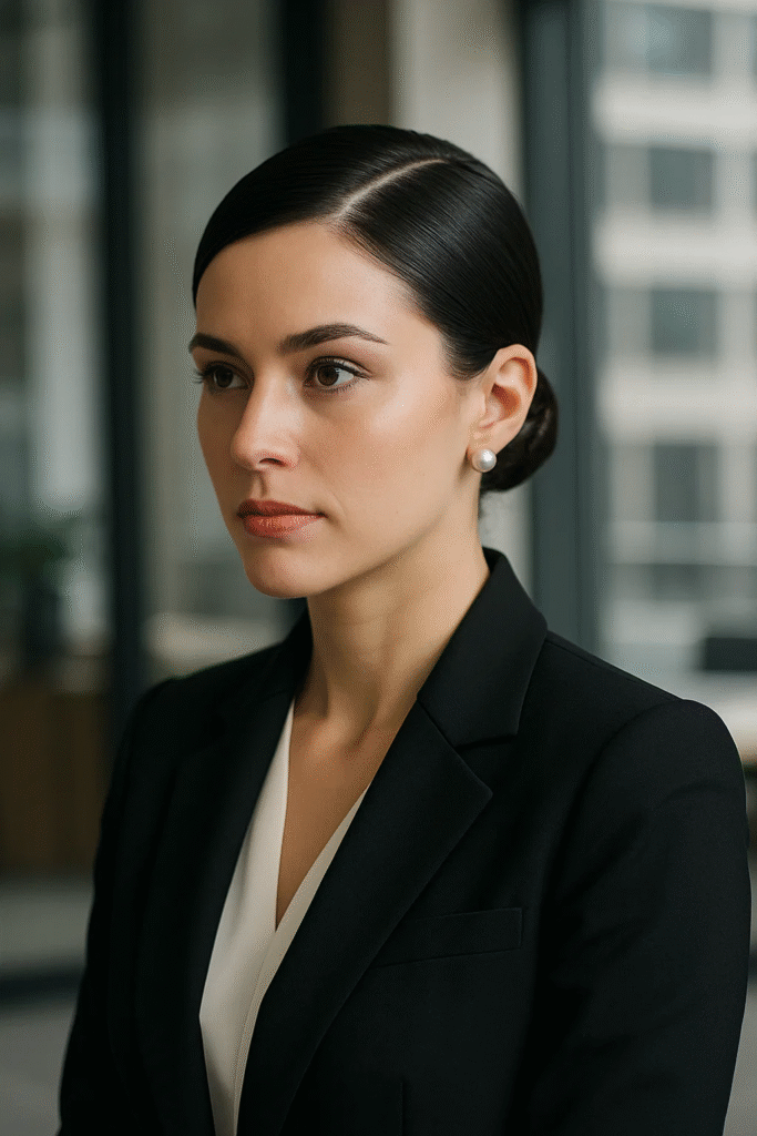 Sleek low bun with side part — refined and powerful straight hair style