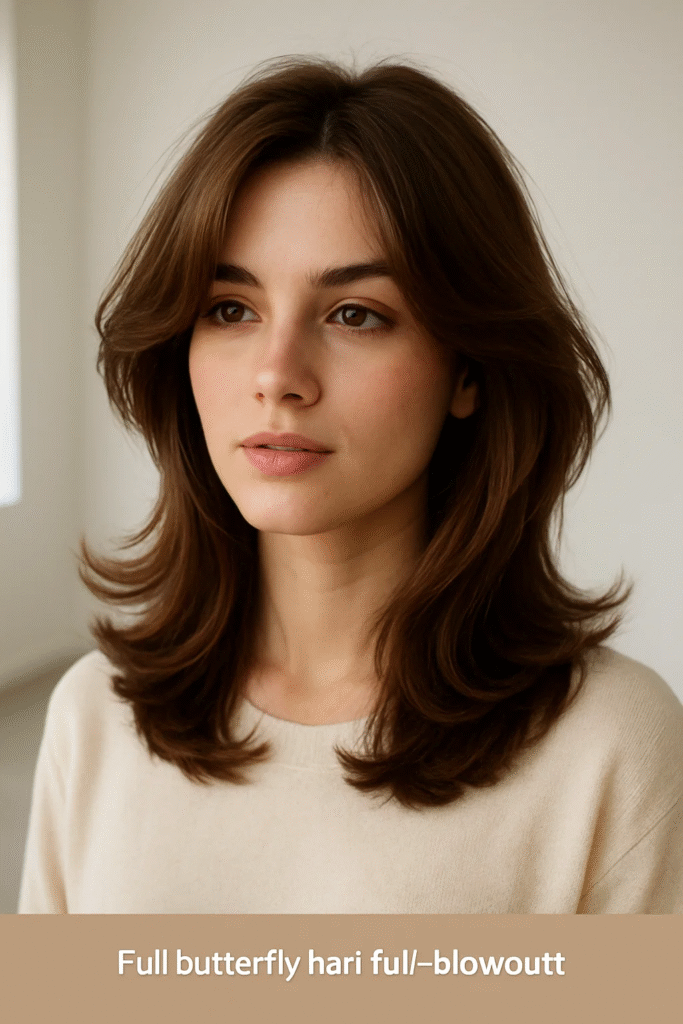 Classic butterfly hairstyle with voluminous blowout and face-framing layers