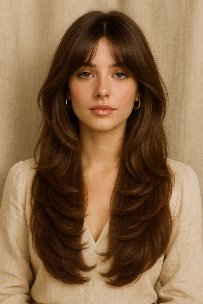 Butterfly hairstyle with curtain bangs and soft, dimensional volume