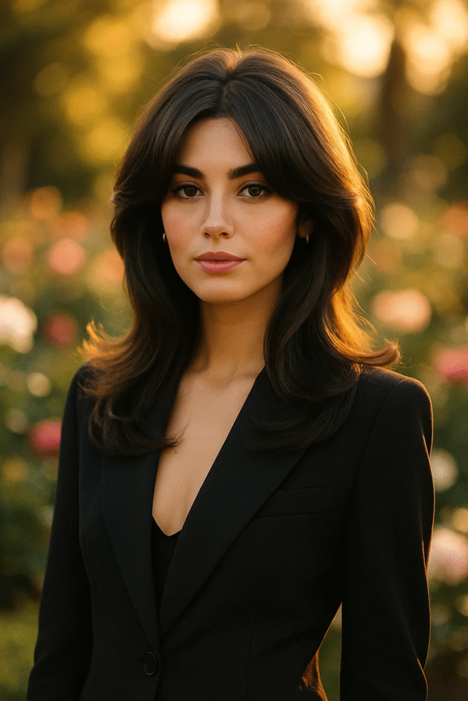 Butterfly hairstyle with soft, voluminous face-framing layers in a garden setting

