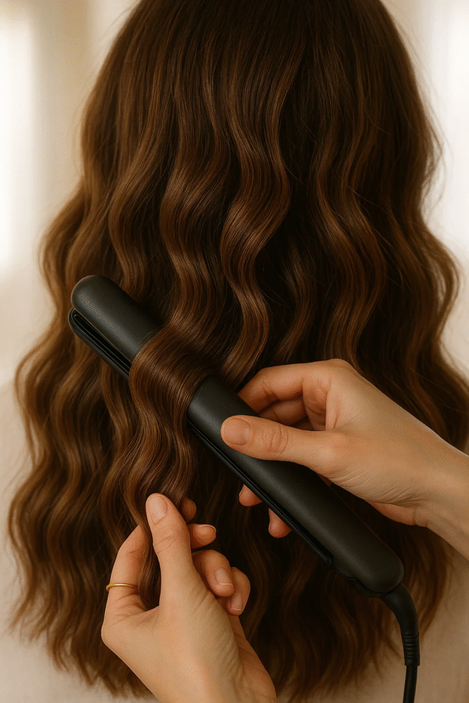 Styling the ghost waves hair style with flat iron for soft, S-shaped texture