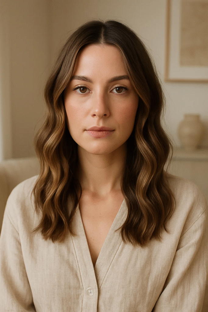 Ghost waves hair style with center part and mid-length cut

