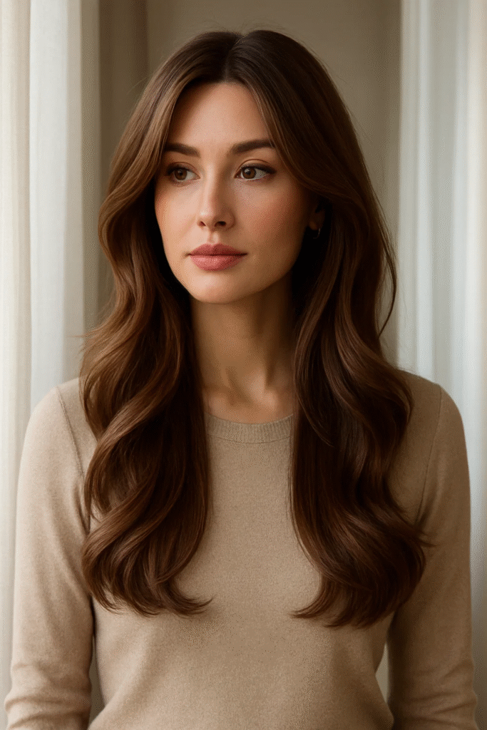 Ghost waves hair style on long hair with subtle face-framing layers for quiet luxury