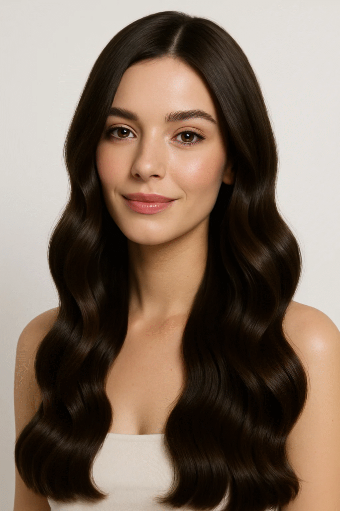 Ghost waves hair style paired with glossy brunette color for quiet luxury