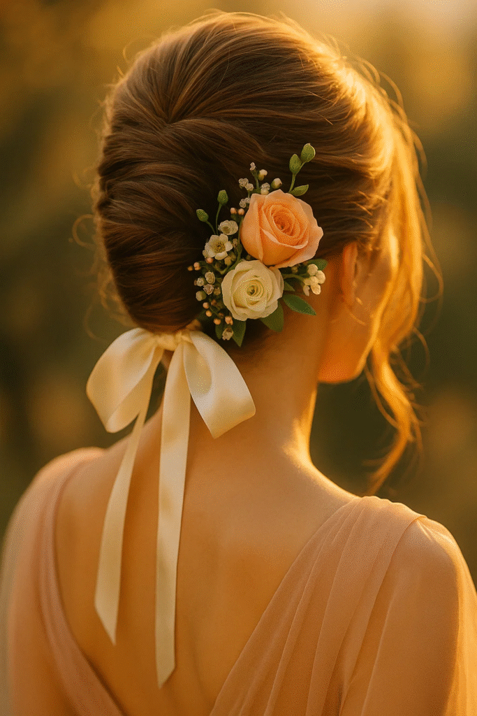 Whimsical French twist hairstyle with floral and ribbon details

