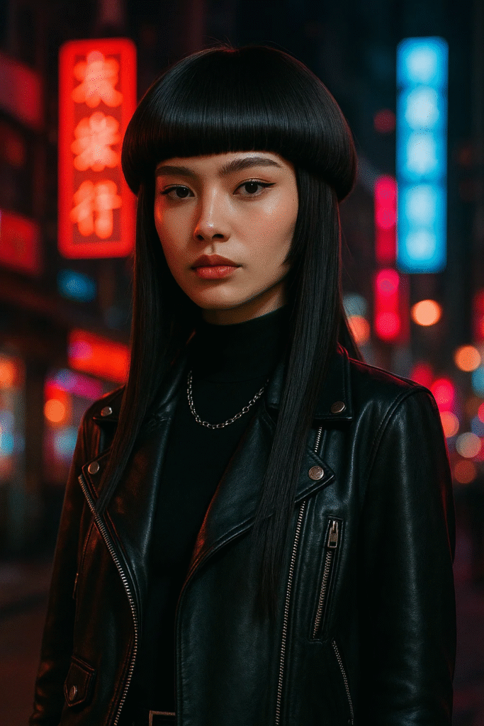 Woman wearing a jellyfish haircut look with bold layered contrasts inspired by celebrity fashion